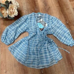 Charming Blue and White Plaid Dress with Romantic Sleeves